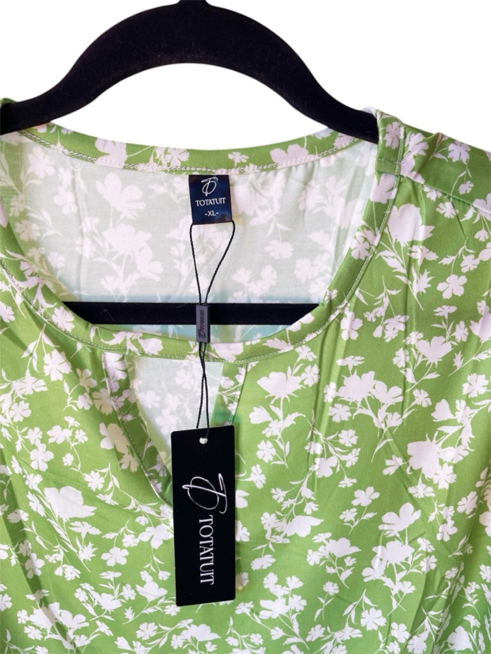 TOTATUIT Green Floral Ruffle 3/4 Length Sleeve Keyhole Tunic Top XL - Picture 3 of 7
